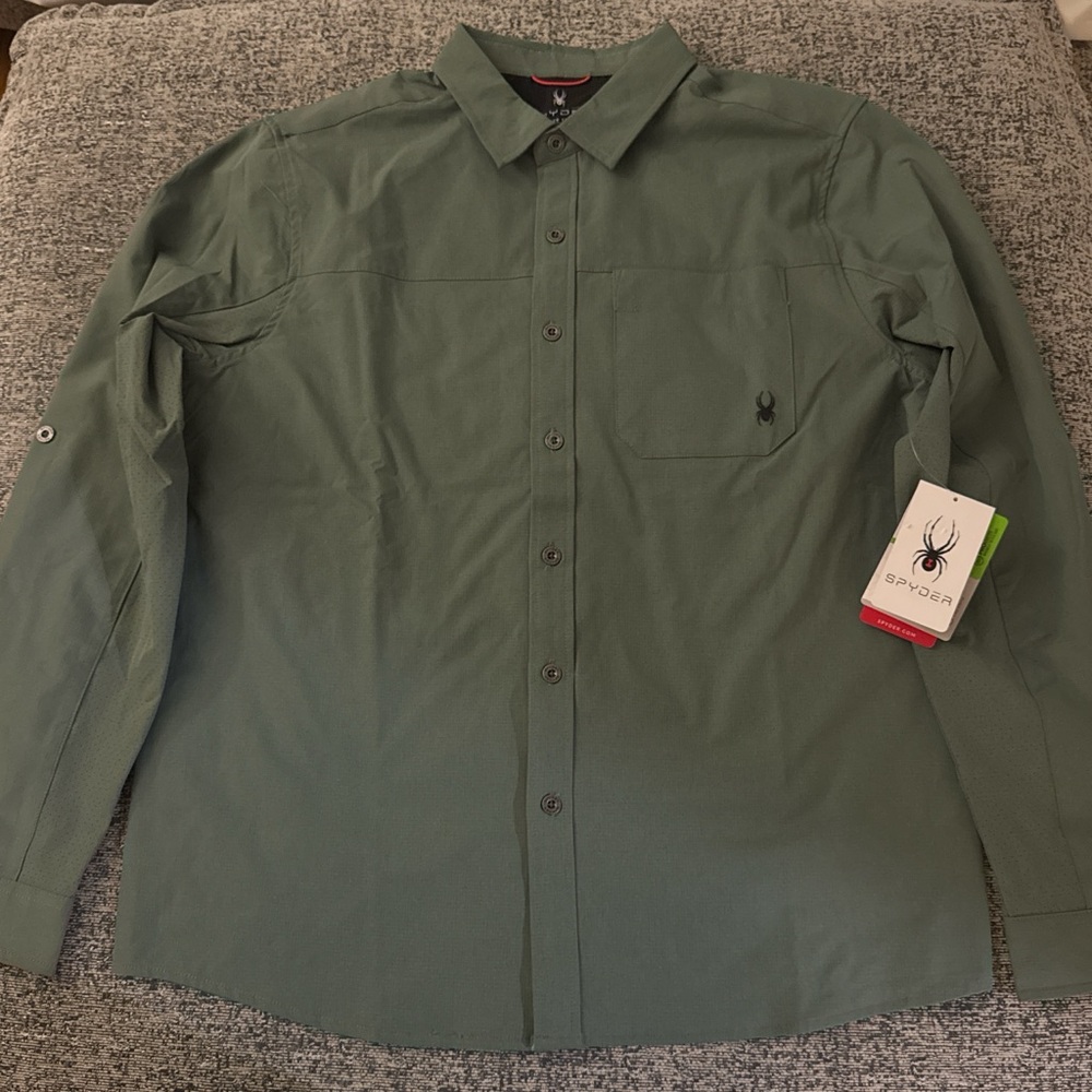 Spyder Mens Medium Performance Button Down Shirt Spruce Green NWT Outdoor